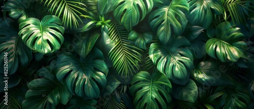 Background Tropical. The lush tropical rainforest foliage is a green symphony with each leaf, branch, and flower contributing to the harmonious and ever-changing melody of the forest.