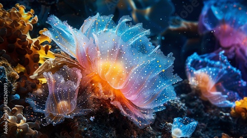 A glowing underwater plant with shades of blue, pink, yellow and orange. photo