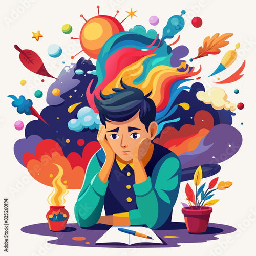 explosion of colors and sad artist concept of creative crisis watercolor illustration