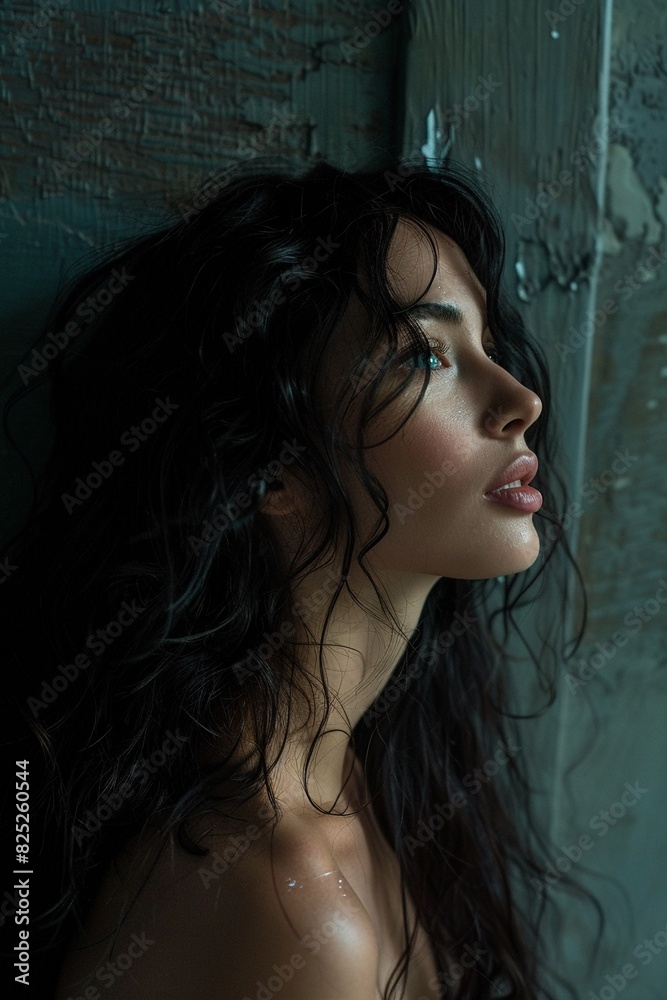 A stunning portrait of a young woman with long, dark hair and light eyes. She is standing in front of a dark background, and her face is illuminated by a soft light. She is wearing a white dress, and A stunning portrait of a young woman with long, dark hair and light eyes. She is standing in front of a dark background, and her face is illuminated by a soft light. She is wearing a white dress, and