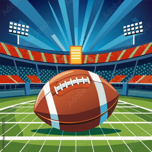 Close-up of American Football on Field with Stadium in Background, Super Bowl Game.