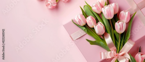 Pink tulips bouquet and gift box on pink background. pink tulips on a white background Mother's Day concept. Top view photo of bouquet of white and pink tulips on isolated pastel pink background  #825260542