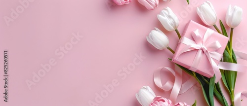 White tulips and a gift box on a pink background. pink tulips on a white background Mother's Day concept. Top view photo of bouquet of white and pink tulips on isolated pastel pink background  #825260571
