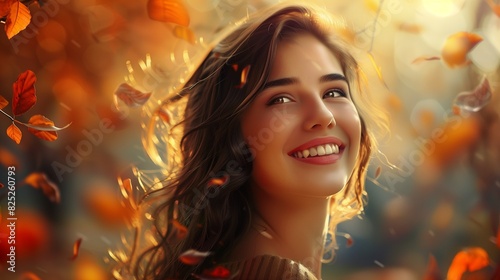 A beautiful woman with a charming smile, with a backdrop of a vibrant autumn landscape. © Ahsan