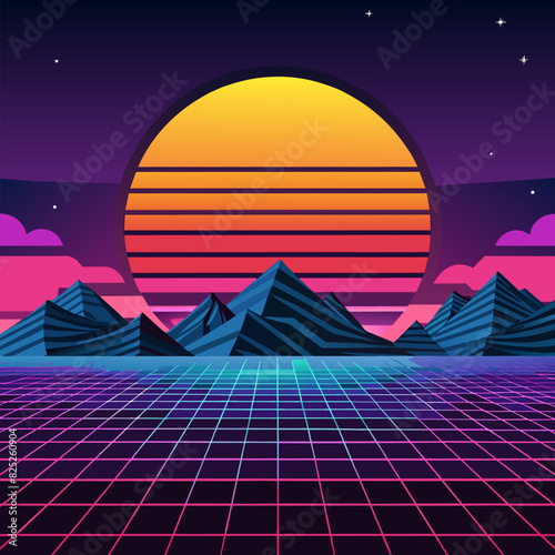 Synthwave sunset, landscape, 80's retro synthwave color design ocean wave