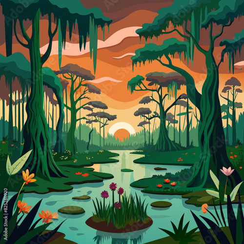 A vector illustration of a Louisiana swamp