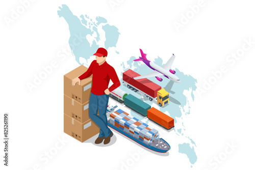 Global logistics network isometric air cargo trucking rail transportation maritime shipping On-time delivery Vehicles designed to carry large numbers of cargo
