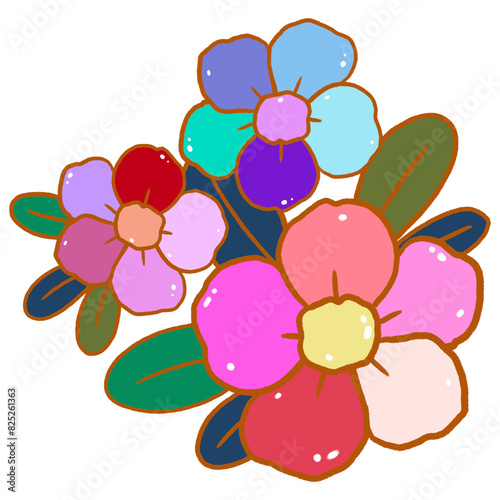 Colorful flowers with green leaves. Spring and summer floral.