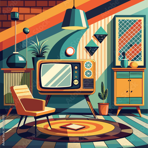 Old fashioned vintage retro design room with retro tv. Abstract illustration.