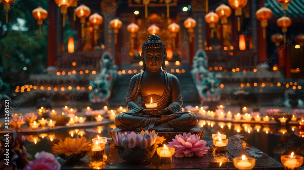 Fototapeta premium religious celebration, devotees at a serene buddhist temple decorated with colorful lanterns and flowers pray and light candles, creating a peaceful and spiritual vesak day ambiance