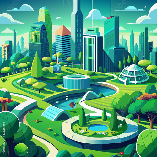 Spectacular eco-futuristic cityscape ESG concept full with greenery, skyscrapers, parks, and other manmade green spaces in urban area. Green garden in modern city. Digital art 3D illustration.