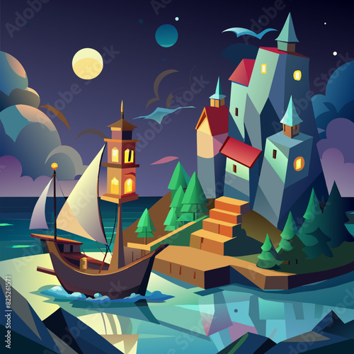 Spectacular digital art 3D illustration of a nighttime scene with a medieval fantasy sailboat, schooner sailing along the coast with docks and lighthouses, and a bright moon in the sky.