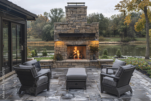 Fireplace in the backyard with comfortable chairs and natural scenery in the background