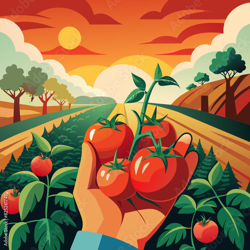 ripe tomatoes in the farmer's hand against the backdrop of a tomato plantation at sunset