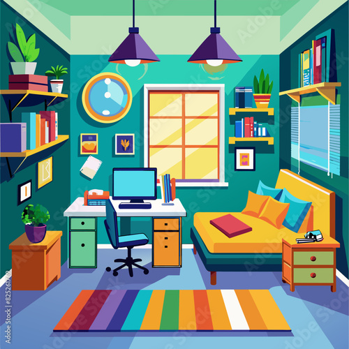 Bright minimalist youth dorm room with typical decoration and furniture as digital illustration