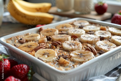 healthy baked oats, bake rolled oats with almond milk, cinnamon, and sliced bananas for a healthy and satisfying anytime snack delicious and nutritious