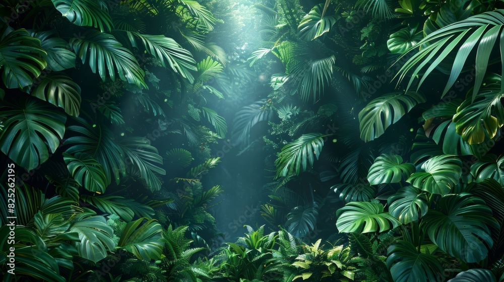 Background Tropical. Amid the lush tropical rainforest foliage, the forest floor is a living carpet teeming with insects, fungi, and plant life that contribute to the forest's health.