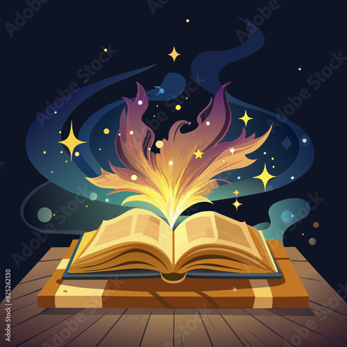 Magical image of old open bewitch antique book over wooden table with magic gold glitter sparkfly light overlay on dark background.Christmas, Literature, Knowledge And Fairytale Concept.