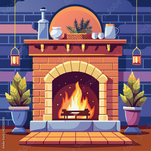 Large traditional fireplace with roaring fire. Empty mantle piece mockup shelf.