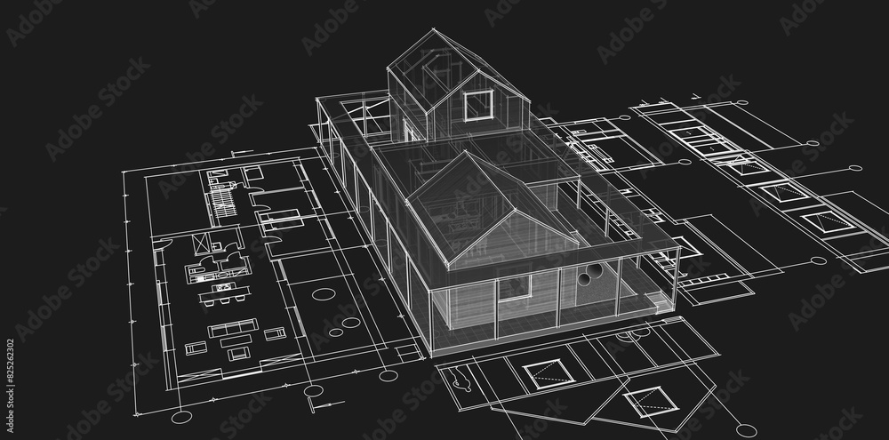 house architectural project sketch 3d illustration	
