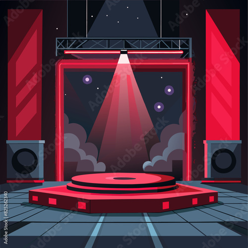 The dark stage shows, red background, an empty dark scene, neon light, spotlights The asphalt floor and studio room with smoke float up the interior texture for display products