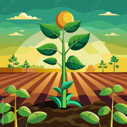 In the field, a thin, vulnerable soybean sprout reaches for the light. Soybean plants growing in rows on a farm. selective attention.