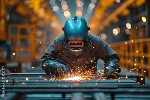 Welder in safety suit welding steel in a large factory photo