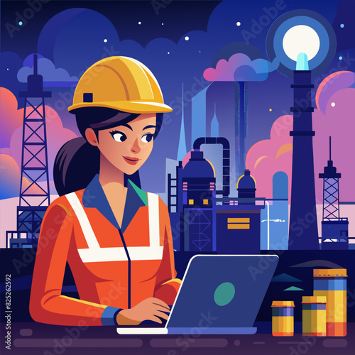 Backside of woman petrochemical engineer working at night with laptop Inside oil and gas refinery plant industry factory at night for inspector safety quality control