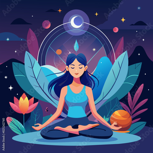 Woman practices yoga and meditation with space energy at night, fantasy view,. Theme of health, esoteric, magic.