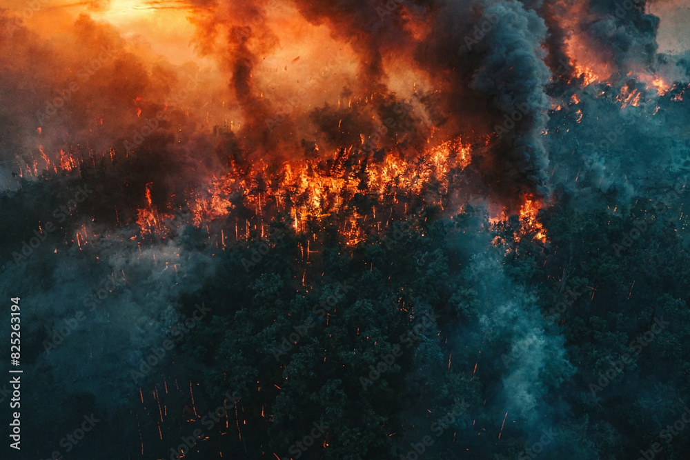 Massive Wildfire at Sunset, fiery landscape, environmental disaster, dramatic flames, background, intense scene, nature destruction, cover image Massive Wildfire at Sunset, fiery landscape, environmental disaster, dramatic flames, background, intense scene, nature destruction, cover image