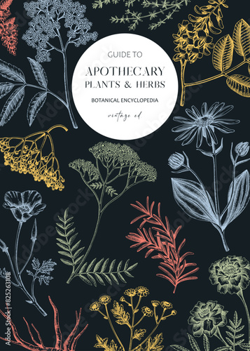 Apothecary banner design template. Witchcraft background. Herbal remedies, medicinal plant, witch herbs, natural medicine hand-drawn vector illustration. NOT AI genereted