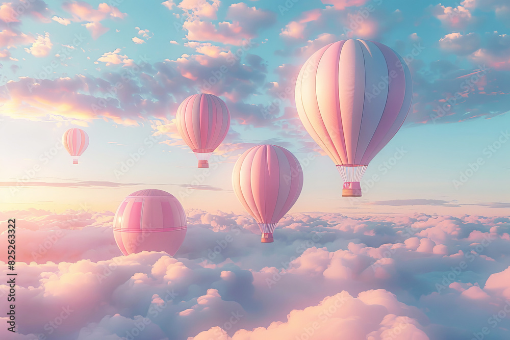 Obraz premium Dreamy pastel-colored hot air balloons floating above the clouds at sunset