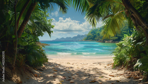 A lush tropical forest with a beach in the background by AI generated image
