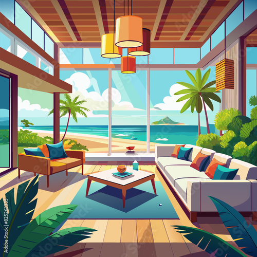 Large living room with a sea view in a lavish summer beach home with no furniture. interior of a holiday house or villa.