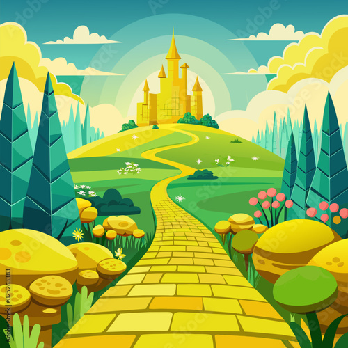 Yellow Brick Road Leading to the Enchanted Springtime Emerald City in Oz - A Fantasy World of Magicians, Majestic Buildings and Seasonal Beauty