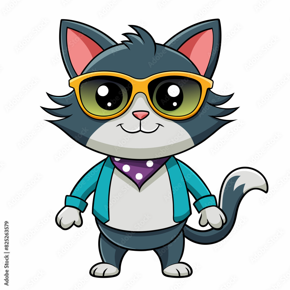Cartoon colorful cat with sunglasses on white background.