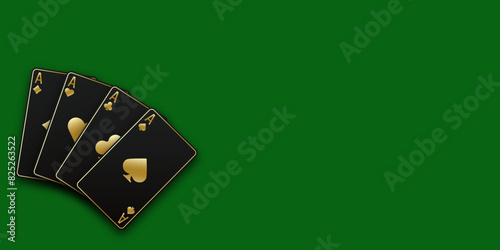 Green Poker or Casino table background. A hand fanned of playing cards consisting Ace of Spades, Diamonds, Clubs, Hearts. Vector illustration Casino or Poker of all the aces.