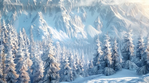 Winter mountains covered in snowy forest photo