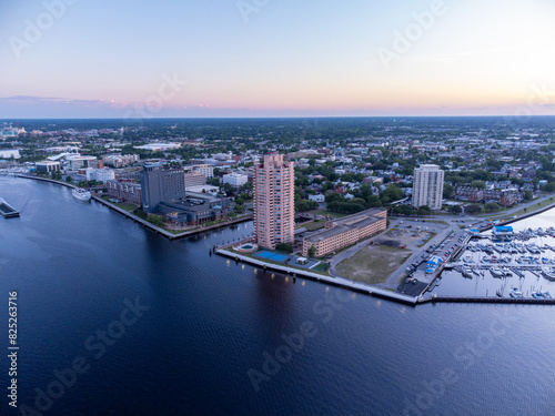 Portsmouth Virginia, USA. Aerial sunset waterfront photo. photo
