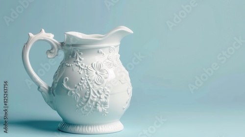 Close up of vintage ceramic creamer or milk jug in white color with floral design on light blue background