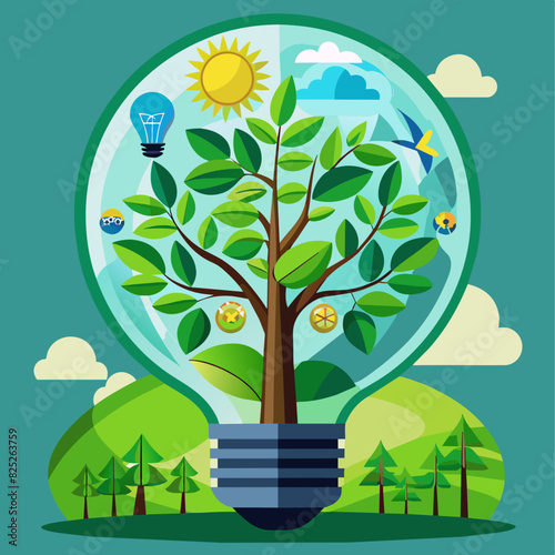 Green Alternative energy in the form of a Green tree concept inside a light bulb ecology and energy conservation, reasonable consumption and friendliness to the environment