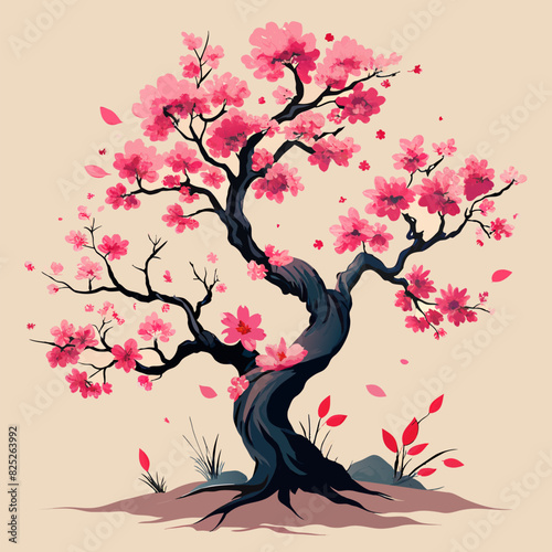 Traditional ink painting style sakura tree branches  Beautiful pink cherry blossom  spring flowers