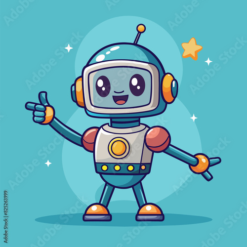 Happy cute robot pointing at a space, a friendly and cheerful robot shows the direction. 3D rendering illustration. Copy space