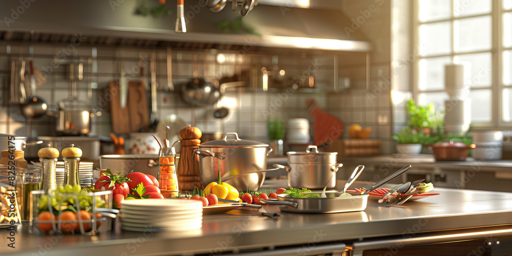 A chef's domain: A busy kitchen with an island, cookware, and fresh ingredients, capturing the chaotic harmony of a professional kitchen