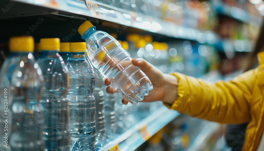 Hand reaches for a bottle of water in a grocery store Hand reaches for a bottle of water in a grocery store