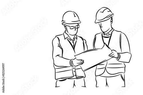 Two engineers constraction working together with tools, hand drawn line drawing vector illustration