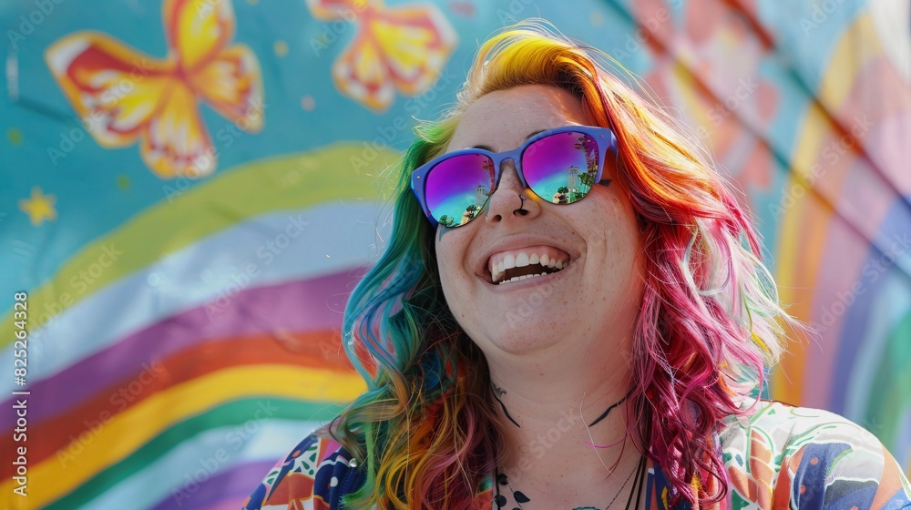 Vibrant Smiles: Person with Rainbow Hair Grinning by Colorful Mural Vibrant Smiles: Person with Rainbow Hair Grinning by Colorful Mural