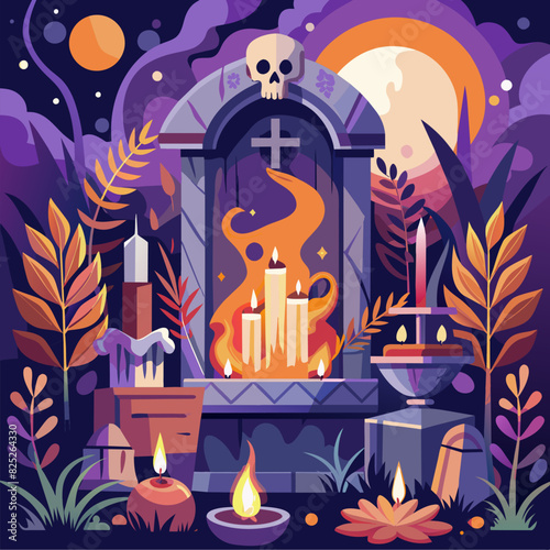 All Souls Day,All Saints Day Backdrop. Lit Candles, Gloomy Concept And Creative Background. Digital Art Illustration
