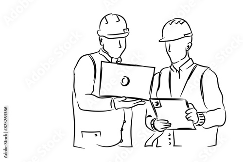 Two engineers constraction working together with tools, hand drawn line drawing vector illustration
