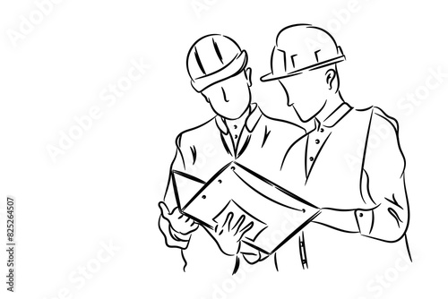Two engineers constraction working together, hand drawn line drawing vector illustration